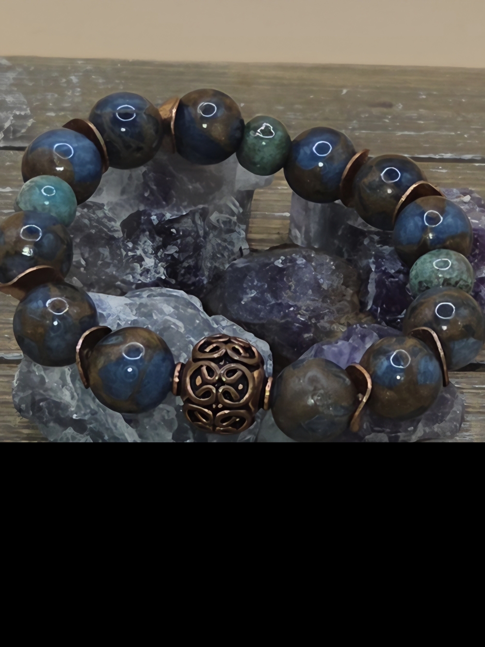 Teal Impression Jasper, Raku and Copper Beaded Bracelet